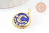 Pendentif médaille rond lune étoiles émail bleu laiton doré zircons, pendentif laiton émaillé,sans nickel,18mm, x1 (G5270)