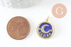 Pendentif médaille rond lune étoiles émail bleu laiton doré zircons, pendentif laiton émaillé,sans nickel,18mm, x1 (G5270)