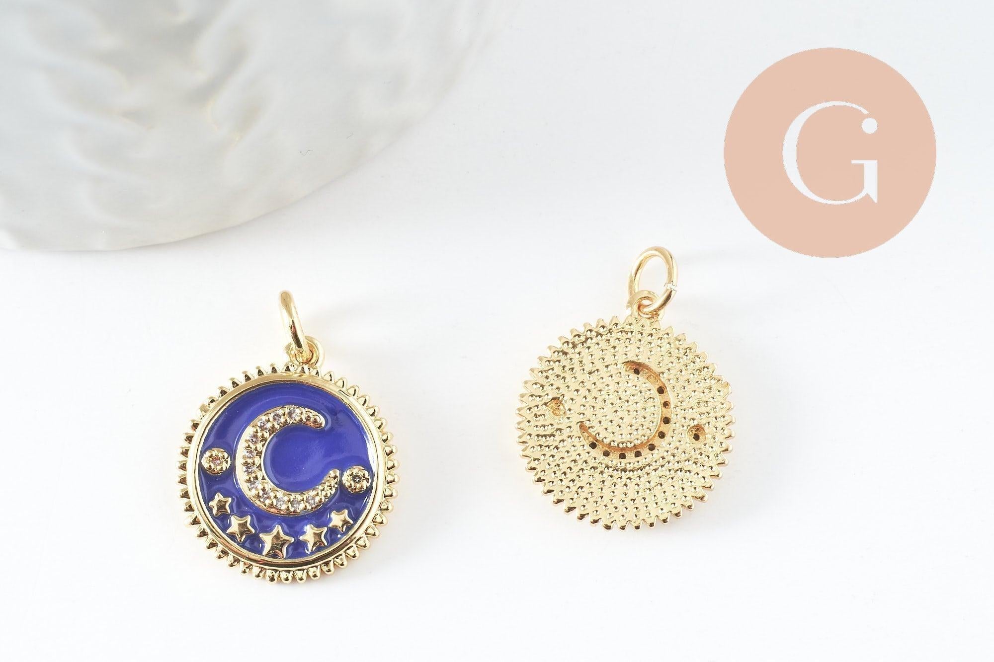 Pendentif médaille rond lune étoiles émail bleu laiton doré zircons, pendentif laiton émaillé,sans nickel,18mm, x1 (G5270)