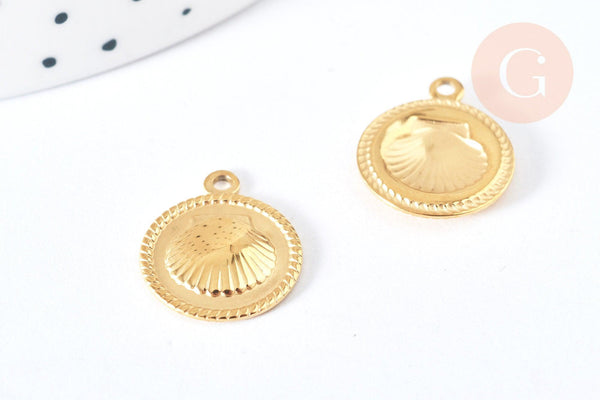 Pendentif médaille ronde Coquillage acier 316 doré inoxydable 18mm, x1 (G7126)