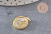 Pendentif médaille ronde Vierge nacre laiton doré 18K zircons,pendentif doré astrologique création bijoux sans nickel,17.5mm, x1 (G3481)