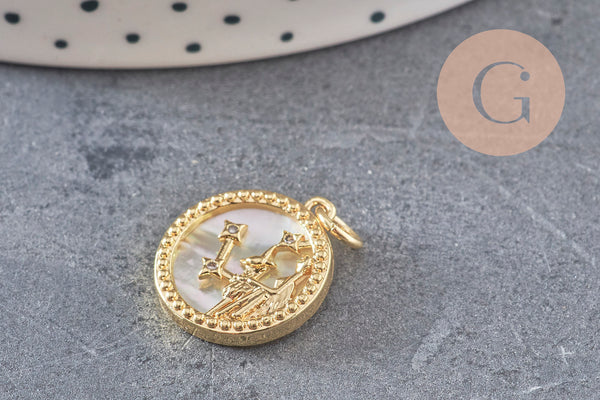 Pendentif médaille ronde Vierge nacre laiton doré 18K zircons,pendentif doré astrologique création bijoux sans nickel,17.5mm, x1 (G3481)
