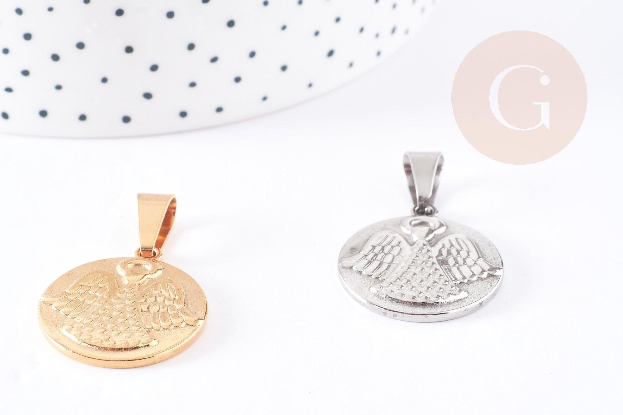 Pendentif médaille ronde ange acier doré ou platine 28.5mm, x1 (G4055)