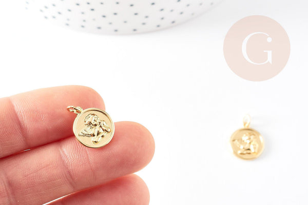 Pendentif médaille ronde ange laiton doré 18K 16mm, x1 (G6712)