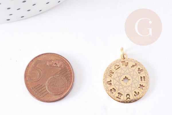 Pendentif médaille ronde astrologie acier doré 22mm, x1 (G1613)