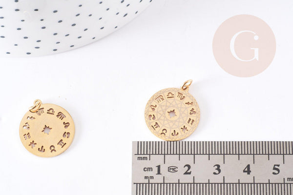 Pendentif médaille ronde astrologie acier doré 22mm, x1 (G1613)