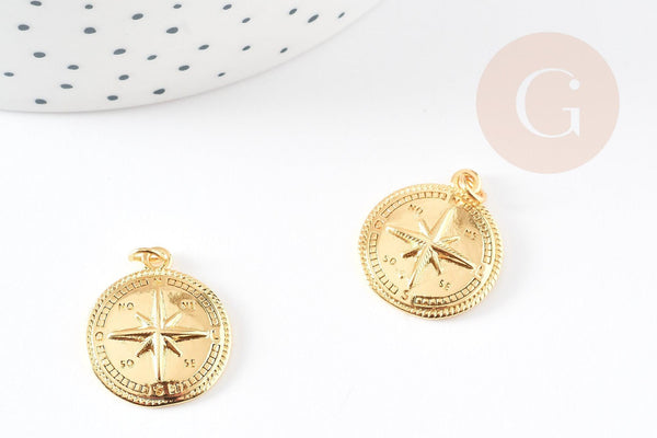 Pendentif médaille ronde boussolle étoile laiton doré 18K 21.5mm, x1 (G5330)