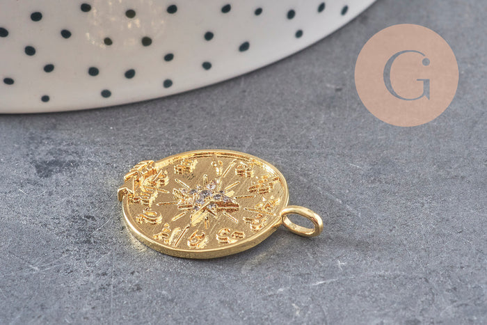 Pendentif médaille ronde boussolle étoile laiton doré 18K zircons, un pendentif doré avec cristal pour création bijoux,29.8mm, x1 (G7043)