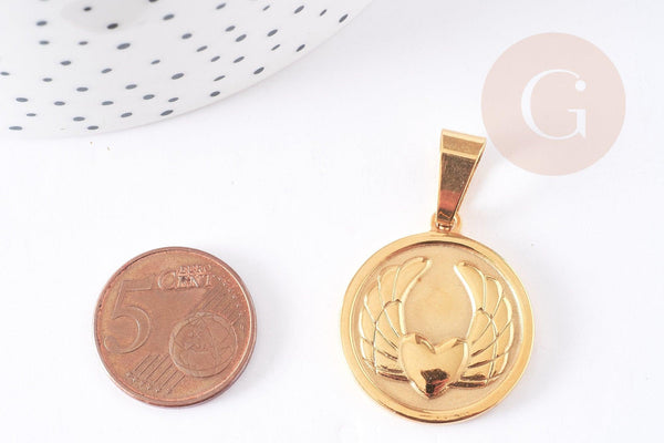 Pendentif médaille ronde coeur ailé acier inoxydable doré 28.5mm, x1 (G4054)