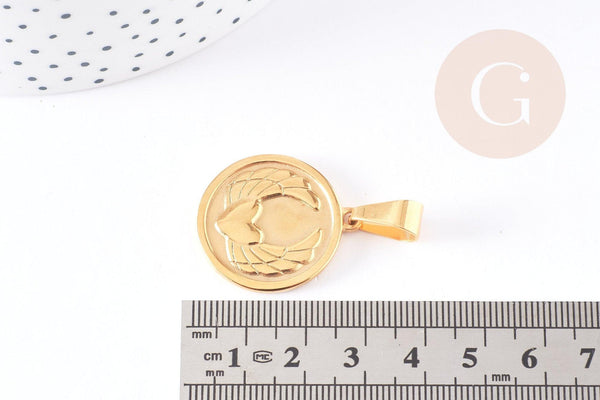 Pendentif médaille ronde coeur ailé acier inoxydable doré 28.5mm, x1 (G4054)