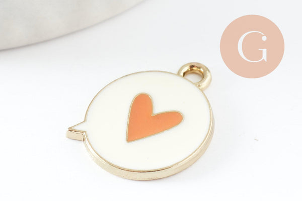 Pendentif médaille ronde coeur émail orange laiton doré 17.5mm, x1 (G4294)