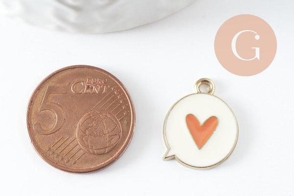 Pendentif médaille ronde coeur émail orange laiton doré 17.5mm, x1 (G4294)