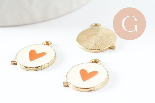 Pendentif médaille ronde coeur émail orange laiton doré 17.5mm, x1 (G4294)