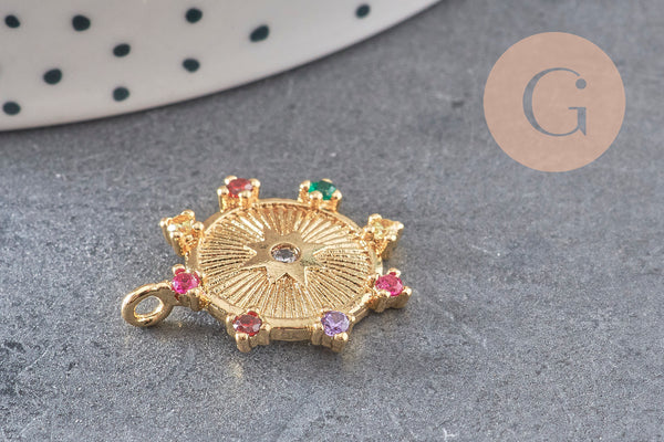 Pendentif médaille ronde étoile laiton doré zircons colorés, un pendentif doré avec cristaux pour création bijoux,24mm, x1 (G3377)