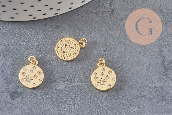Pendentif médaille ronde étoiles laiton doré zircons, un pendentif doré avec cristaux pour création bijoux,14mm, x1 (G4748)