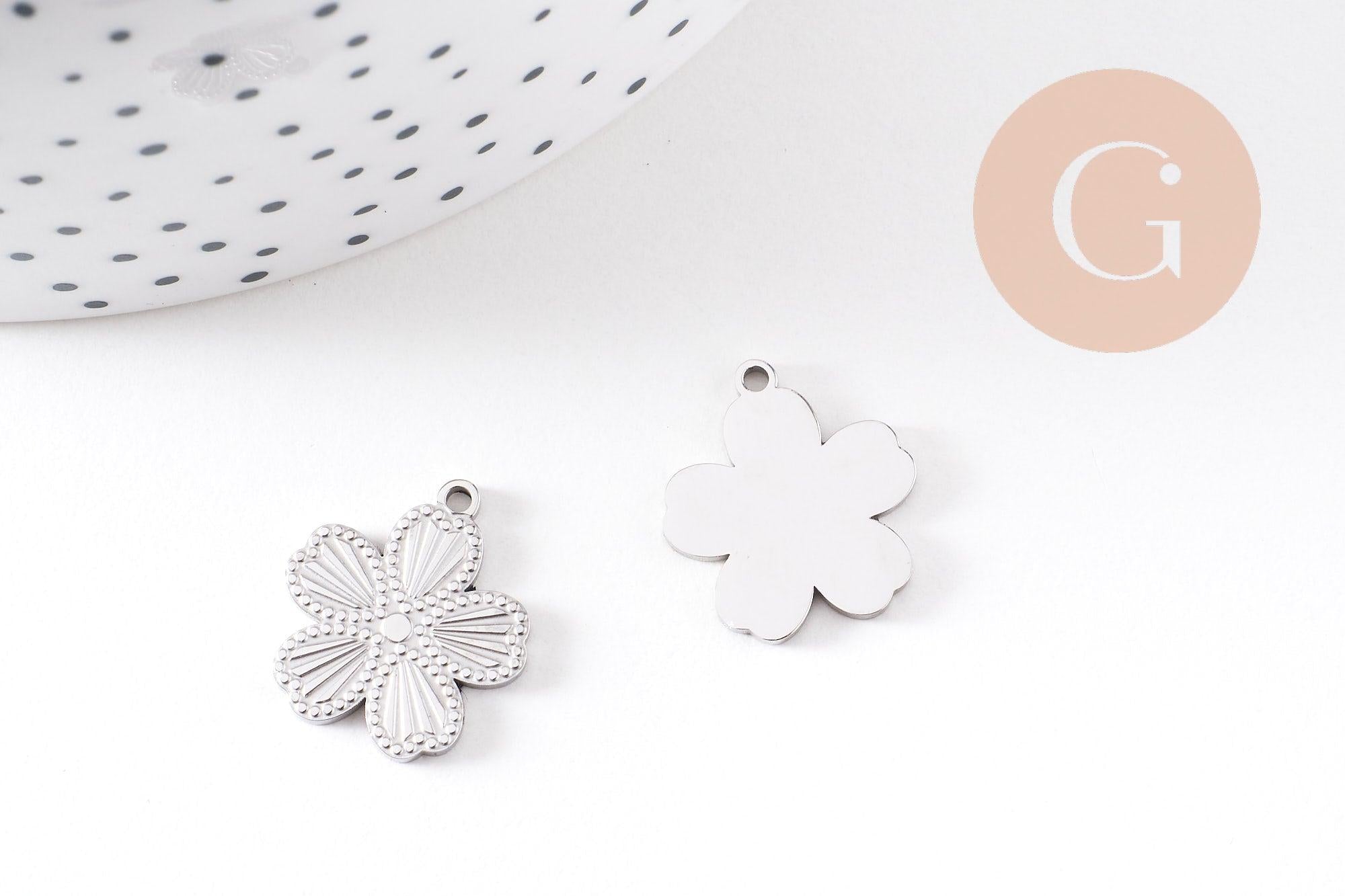 Pendentif médaille ronde fleur acier 304 inoxydable platine 17.5mm, x1 (G10480)