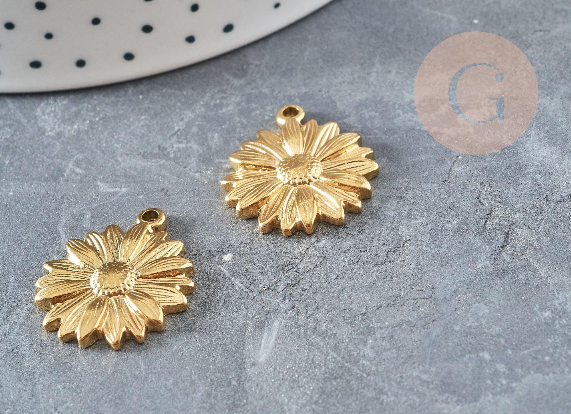 Pendentif médaille ronde fleur tournesol acier 304 inoxydable doré PVD 25.5mm x1 (G2921)