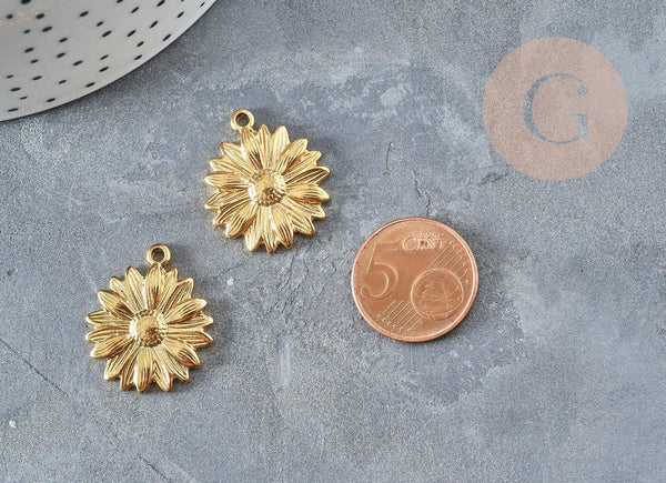 Pendentif médaille ronde fleur tournesol acier 304 inoxydable doré PVD 25.5mm x1 (G2921)