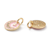 Pendentif médaille ronde lune émail rose laiton doré 18K et cristal zircon 10mm,pendentif laiton chance pour création bijoux,x1 G6076