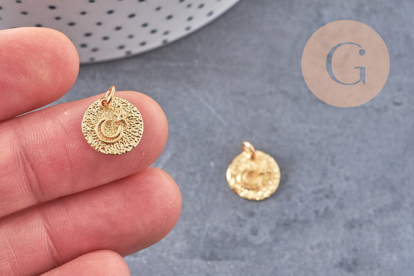 Pendentif médaille ronde lune étoile laiton doré texturé, un pendentif doré sans nickel création bijoux,12mm, x1 (G4932)