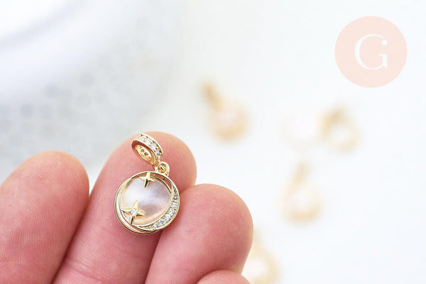 Pendentif médaille ronde lune laiton doré nacre mobile 13.5mm, pendentif nacre laiton doré pour création bijoux,médaille or, x1 G5682