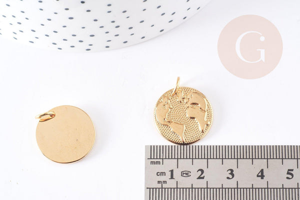 Pendentif médaille ronde monde acier 304 inoxydable doré à graver 21mm, x1 (G2954)