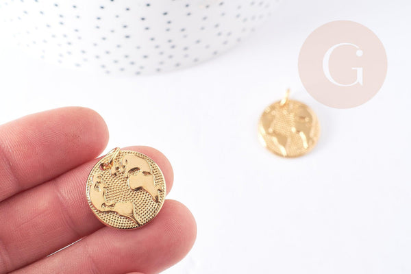 Pendentif médaille ronde monde acier 304 inoxydable doré à graver 21mm, x1 (G2954)