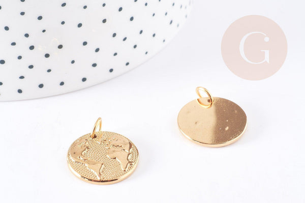 Pendentif médaille ronde monde acier 304 inoxydable doré à graver 21mm, x1 (G2954)