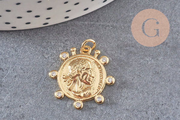 Pendentif médaille ronde monnaie zircons, pendentif doré, médaillon,métal doré, ,21mm x1 (G3476)