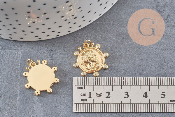 Pendentif médaille ronde monnaie zircons, pendentif doré, médaillon,métal doré, ,21mm x1 (G3476)