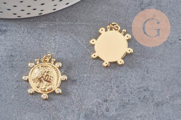 Pendentif médaille ronde monnaie zircons, pendentif doré, médaillon,métal doré, ,21mm x1 (G3476)