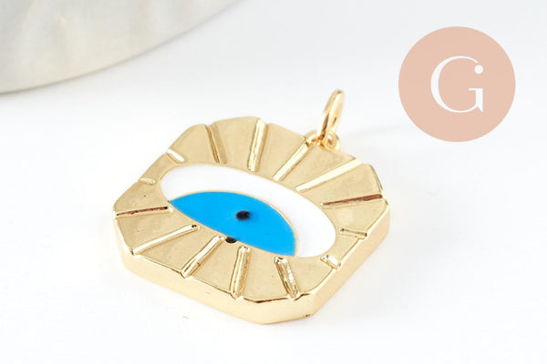 Pendentif médaille ronde oeil émail blanc bleu laiton doré 18K et cristal zircon,pendentif laiton création bijoux,20.6mm,x1 (G3580)