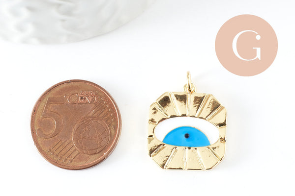 Pendentif médaille ronde oeil émail blanc bleu laiton doré 18K et cristal zircon,pendentif laiton création bijoux,20.6mm,x1 (G3580)