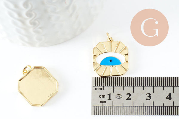 Pendentif médaille ronde oeil émail blanc bleu laiton doré 18K et cristal zircon,pendentif laiton création bijoux,20.6mm,x1 (G3580)