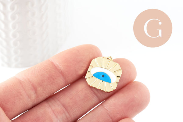 Pendentif médaille ronde oeil émail blanc bleu laiton doré 18K et cristal zircon,pendentif laiton création bijoux,20.6mm,x1 (G3580)