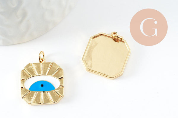 Pendentif médaille ronde oeil émail blanc bleu laiton doré 18K et cristal zircon,pendentif laiton création bijoux,20.6mm,x1 (G3580)