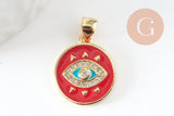 Pendentif médaille ronde oeil émail rouge laiton doré 18K et cristal zircon,pendentif laiton amour pour création bijoux,16mm, x1 (G3298)