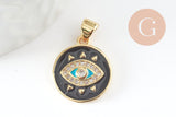 Pendentif médaille ronde oeil émail rouge laiton doré 18K et cristal zircon,pendentif laiton amour pour création bijoux,16mm, x1 (G3298)