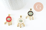 Pendentif médaille ronde oeil émail rouge laiton doré 18K et cristal zircon,pendentif laiton amour pour création bijoux,28mm, x1 (G3579)