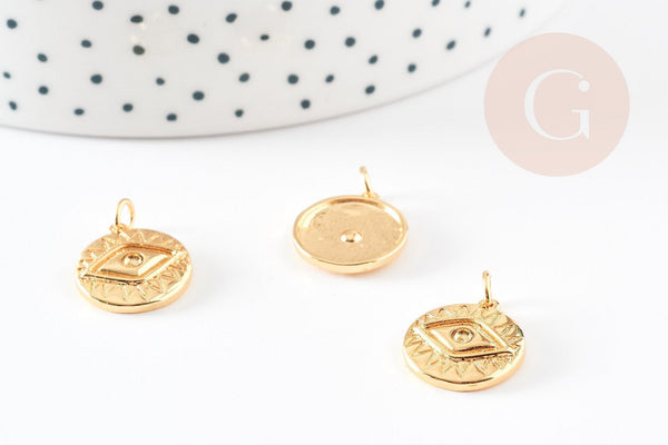 Pendentif médaille ronde oeil laiton doré 18K texturé 15.5mm, un pendentif doré sans nickel pour la création, x1 G4654