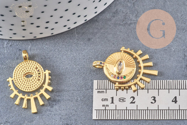 Pendentif médaille ronde oeil laiton doré 18K zircons,pendentif doré original pour la création bijoux chance,31mm, x1 (G4656)
