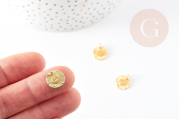 Pendentif médaille ronde oeil laiton doré texturé, un pendentif doré sans nickel pour la création bijoux,médaille or,12mm, x1 G5293