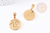 Pendentif médaille ronde palmier acier doré 25mm, x1 (G2752)