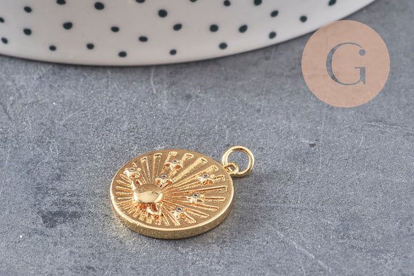 Pendentif médaille ronde planète laiton doré 18K zircons multicolore 23.5mm,pour la création bijoux médaille or, x1 (G6075)