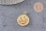 Pendentif médaille ronde planète laiton doré 18K zircons multicolore 23.5mm,pour la création bijoux médaille or, x1 (G6075)