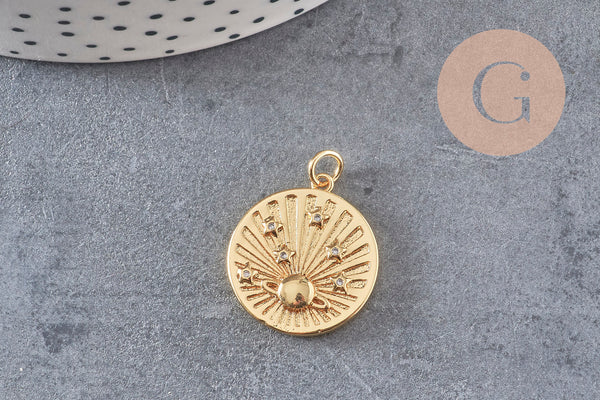 Pendentif médaille ronde planète laiton doré 18K zircons multicolore 23.5mm,pour la création bijoux médaille or, x1 (G6075)