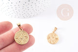 Pendentif médaille ronde rose des vents acier 304 inoxydable doré ,23.4mm, pendentif doré sans nickel,acier doré, création bijoux,x1 (G2637)