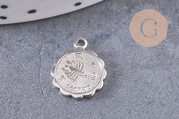 Pendentif médaille ronde signe astrologique laiton platine 14mm, x1 (G3462)