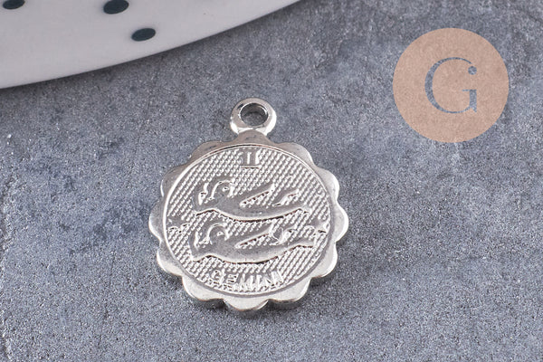 Pendentif médaille ronde signe astrologique laiton platine 14mm, x1 (G3462)
