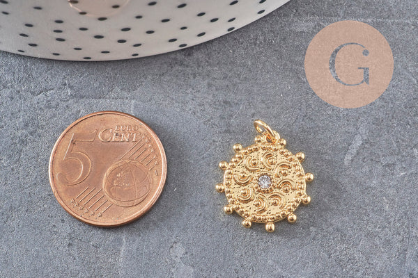 Pendentif médaille ronde soleil laiton doré zircon blanc, un pendentif doré avec cristal pour création bijoux,18mm, x1 (G4467)